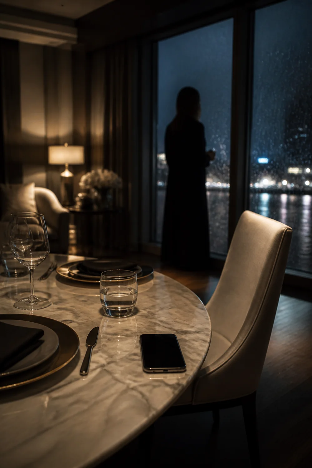 An unanswered phone beside an empty dinner chair